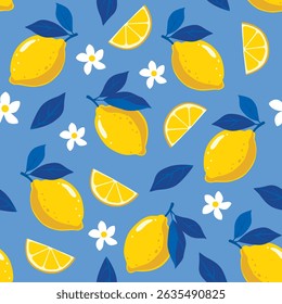 Summer. Lemons. Seamless pattern with lemons on blue background. Fruit kitchen decor vector illustration