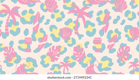 Verão com Leopard Imprimir plano de fundo padrão sem costura. palmeira, prancha de surf, café Shell juntos projeto padrão de cores. design de impressão das mulheres.