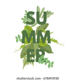 Summer letter with green leaves. Season sale vector label. Foliage lettering. Floral illustration. Summertime poster. For t-shirt, fashion, prints, banner or packaging design