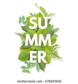 Summer letter with green leaves. Season sale vector label. Foliage lettering. Floral illustration. Summertime poster. For t-shirt, fashion, prints, banner or packaging design