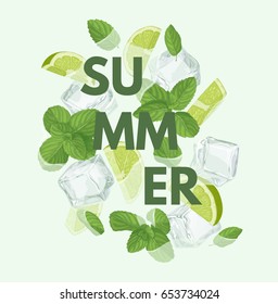 Summer letter with mojito cocktail. Season sale vector label. Lemonade lettering. Illustration with mint, ice cube and lime. Summertime poster. For t-shirt, fashion, prints, banner or packaging design