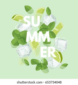 Summer letter with mojito cocktail. Season sale vector label. Lemonade lettering. Illustration with mint, ice cube and lime. Summertime poster. For t-shirt, fashion, prints, banner or packaging design