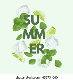 Summer letter with mojito cocktail. Season sale vector label. Lemonade lettering. Illustration with mint, ice cube and lime. Summertime poster. For t-shirt, fashion, prints, banner or packaging design