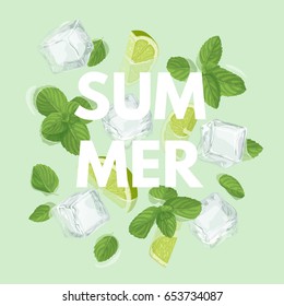 Summer letter with mojito cocktail. Season sale vector label. Lemonade lettering. Illustration with mint, ice cube and lime. Summertime poster. For t-shirt, fashion, prints, banner or packaging design