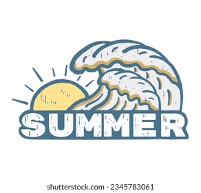 Summer letter and sunset behind the wave vintage hand drawing vector