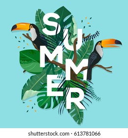 Summer letter with tropical leaves. Season sale vector label. Foliage lettering. Tropical illustration. Summertime poster. For t-shirt, fashion, prints, banner or packaging design.