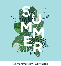 Summer letter with tropical leaves. Season sale vector label. Foliage lettering. Tropical illustration. Summertime poster. For t-shirt, fashion, prints, banner or packaging design.