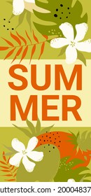 Sommernetzbanner, weiße Blumen, Punkte und grüne Pflanze, rote Blätter, Vektorgrafik. Cartoon natürliche Sommersaison vertikale Vorlage, stilvolle Natur florale einfache Dekoration Hintergrund