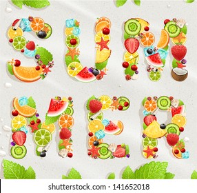 Summer lettering. Beach sand background. Coconut, strawberry, watermelon, cherry, orange, lemon, ice, seashells and starfish for best summer design.