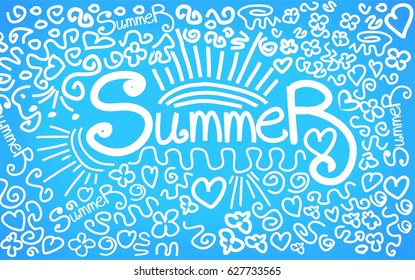 Summer lettering blue background in doodle style.