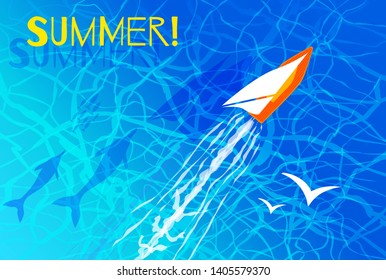 Summer lettering blue sea waves background. Colorful sailboat white gulls swimming dolphins fishes bright the backdrop top view ocean surface. Hand drawn vector illustration.