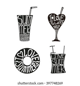 Summer lettering calligraphyc set.Hand drawn quotes with glass,lifebuoy,tee shirt silhouette shapes.Vintage summer quotes,titles, labels,vacation stamps,logo. Typographic Illustration.Party design
