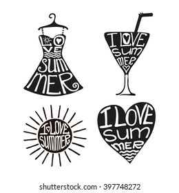 Summer lettering calligraphyc set.Hand drawn quotes with dress,glass,sun,heart silhouette shapes.Vintage summer quotes,titles, labels,vacation stamps,logo. Typographic Illustration.Party design