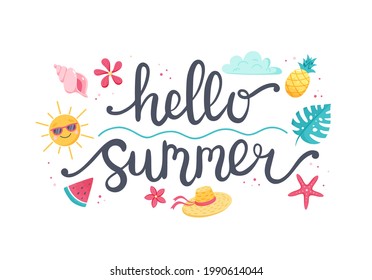 Summer lettering and cute beach elements sun, flowers, seashell, fruits. Hand drawn flat cartoon elements. Vector illustration