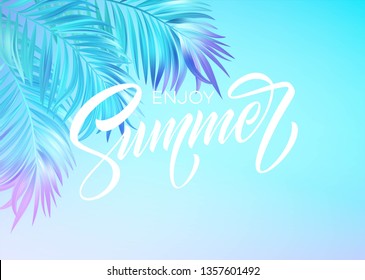 Summer lettering design in a colorful blue and purple palm tree leaves background. Vector illustration EPS10