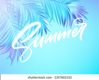 Summer lettering design in a colorful blue and purple palm tree leaves background. Vector illustration EPS10