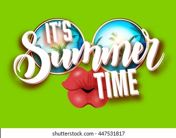 Summer lettering design with sunglasses and kissing full lips. Bright design with hand written Its summer time words. Vector Illustration on colorful background with white clouds.