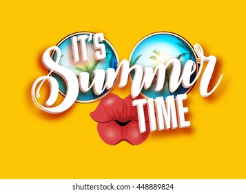 Summer lettering design with sunglasses and kissing full lips. Bright design with hand written Its summer time words. Vector Illustration on colorful background with white clouds.