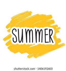 Summer lettering design. Vector illustration with black text on yellow sun background.