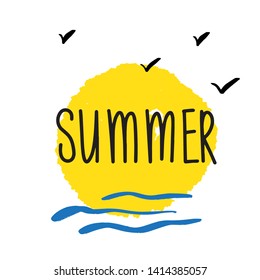 Summer lettering design. Vector illustration with black text on yellow sun background.