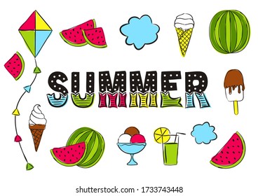 Summer lettering. Elements for seasonal calendar. Hand-drawn ice cream, watermelon, lemonade, kite and clouds. Vector illustration in doodle style for yearbooks and calendars.