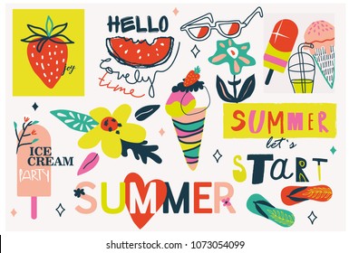 Summer lettering and elements set. Hand drawn illustrations. Summer Typographic. Vector illustration.