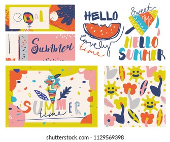 Summer lettering and elements set. Hand drawn illustrations. Summer Typographic. Vector illustration.