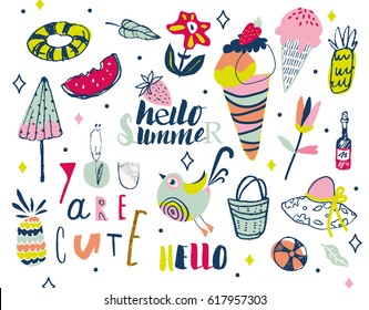 Summer lettering and elements set. Hand drawn illustrations. Summer Typographic. Vector illustration.