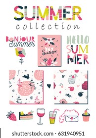 Summer lettering and elements set. Hand drawn illustrations. Summer Typographic. Vector illustration. Cool patterns and backgrounds.