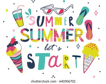 Summer lettering and elements set. Hand drawn illustrations. Summer Typographic. Vector illustration.