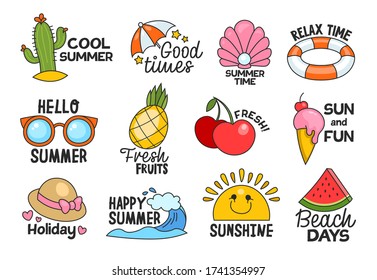 Summer lettering flat labels set. Graphic beach, holiday and travel logo and stickers isolated vector illustration collection. Travelling and vacation concept