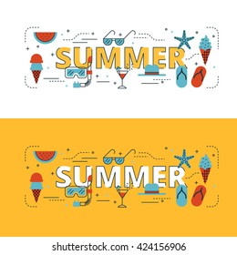 Summer lettering flat line design with icons and elements for book cover, report header, presentation,illustration, infographics, printing, website banner and landing page.