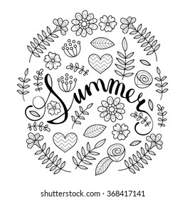 Summer lettering in floral pattern round frame. Vector typography poster. Season vegetal ornament background.
