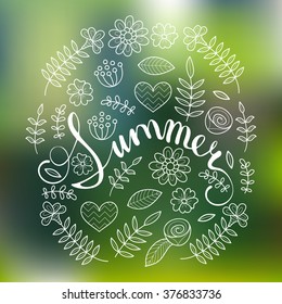 Summer lettering in floral pattern round frame illustration. Vector typography poster.
