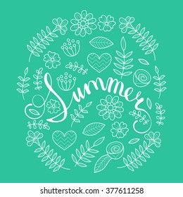 Summer lettering in floral pattern round frame. Vector typography poster.