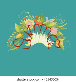 Summer lettering with flowers and berries on a bright blue background