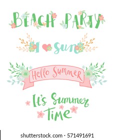 Summer lettering with flowers design set. Hand drawn vector illustration in pastel colors