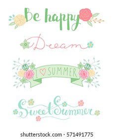 Summer lettering with flowers design set. Hand drawn vector illustration in pastel colors