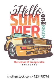 Summer lettering. hand drawing retro car.