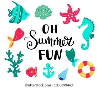 Summer lettering. Hand drawn summer banners with marine stickers. Bright summertime poster. Collection  hand drawn elements for summer holiday and party. Summer Typographic. Vector illustration.