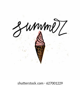  Summer Lettering and ice cream.. Summer time postcard. Seasonal lettering. Ink illustration Isolated on white background. Hand lettering inspirational typography poster, banner.