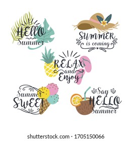 Summer lettering with illustration set. Sticker collection
