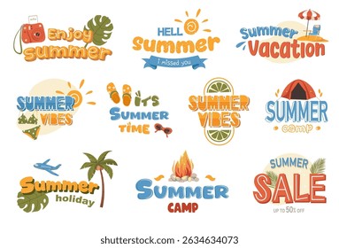 Summer lettering, labels, logos, hand drawn tags and elements for summer vacation, travel, beach vacation, sun. Vector flat illustration isolated on white. Summer pop art set. Typography design.
