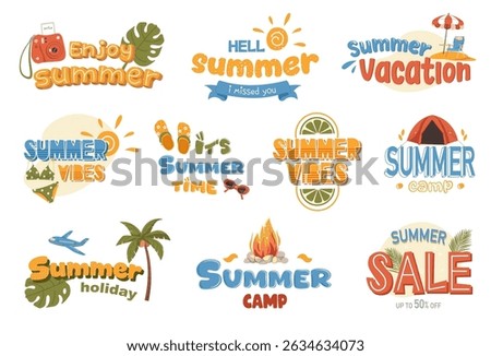Summer lettering, labels, logos, hand drawn tags and elements for summer vacation, travel, beach vacation, sun. Vector flat illustration isolated on white. Summer pop art set. Typography design.