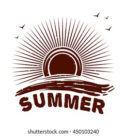 Summer lettering logo icon in grunge style. Sun over the sea waves, seagulls and text - Summer. Vector illustration isolated on white background