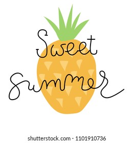 Summer Lettering, logos, with vector flat handdrawn cartoon style illustrations. Sweet summer