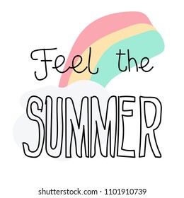 Summer Lettering, logos, with vector flat handdrawn cartoon style illustrations. Feel the summer