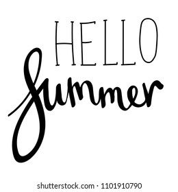 Summer Lettering, logos, with vector flat handdrawn cartoon style illustrations. Hello Summer