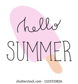 Summer Lettering, logos, with vector flat handdrawn cartoon style illustrations. Hello Summer