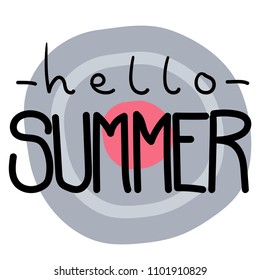 Summer Lettering, logos, with vector flat handdrawn cartoon style illustrations. Hello Summer